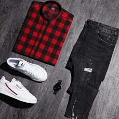 Vente flash ❤️ Chemise Manches Longues Slim Fit 159 Carreaux Noir Rouge de LBO 👍 -France LBO Soldes Boutique lbo 103638 FAB SHALBO 159 20200306T150323 05