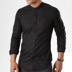 Grosses soldes 🔔 Chemise Manches Longues Col Mao Slim Fit 403 Noir de LBO ❤️