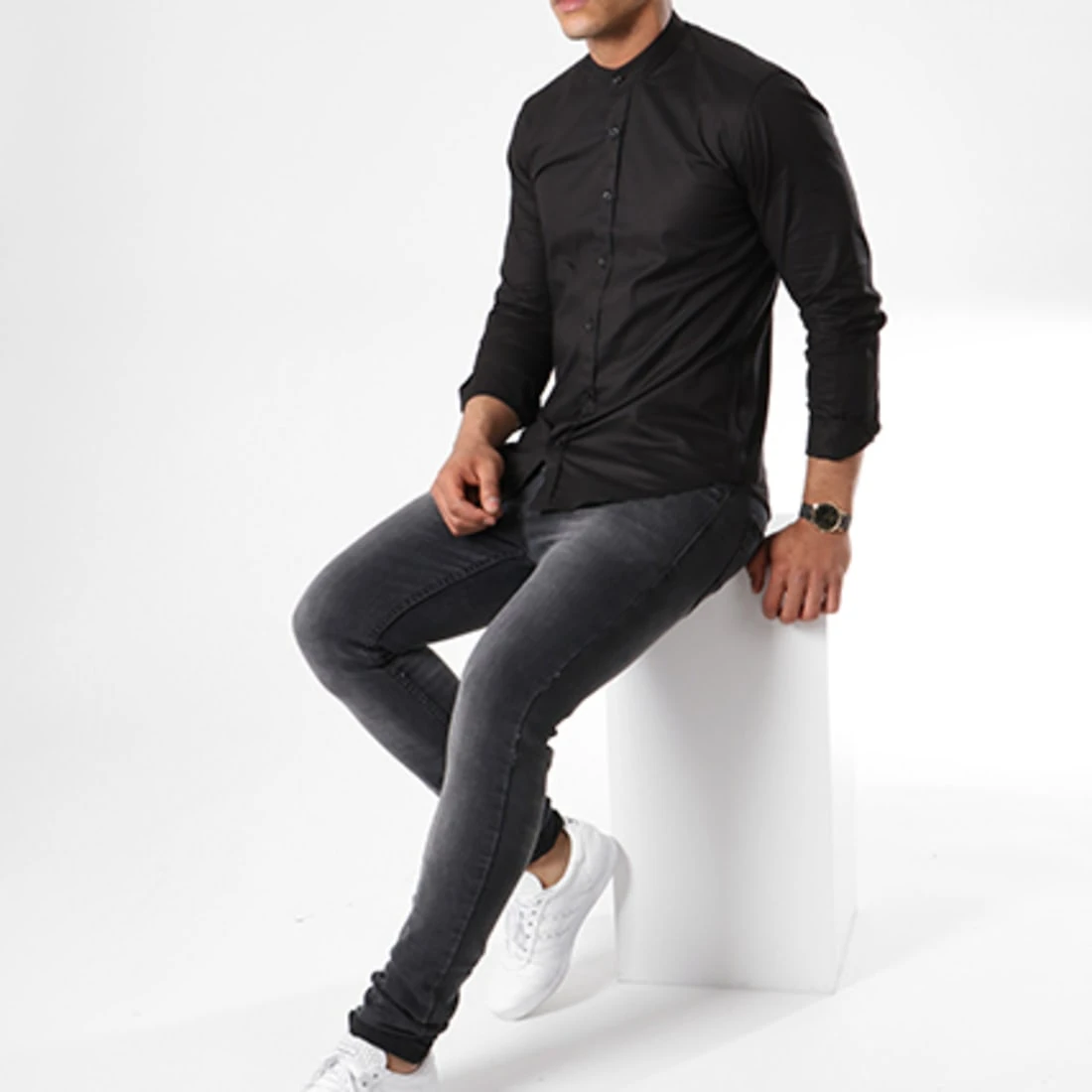 Grosses soldes 🔔 Chemise Manches Longues Col Mao Slim Fit 403 Noir de LBO ❤️ 5 Grosses soldes 🔔 Chemise Manches Longues Col Mao Slim Fit 403 Noir de LBO ❤️ – Image 3