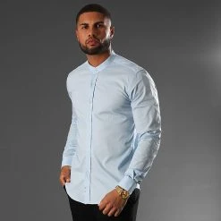 Meilleure affaire 🎉 Chemise Manches Longues Col Mao Slim Fit 405 Bleu Clair de LBO 🧨 -France LBO Soldes Boutique lbo 136704 FAB SHALBO 405 TPDT 20201211T140201 05