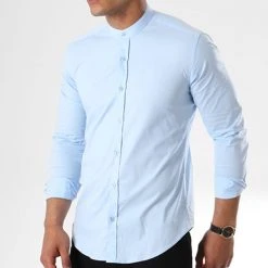 Meilleure affaire 🎉 Chemise Manches Longues Col Mao Slim Fit 405 Bleu Clair de LBO 🧨 -France LBO Soldes Boutique lbo 136704 fab shalbo 405 20180903T143458 01