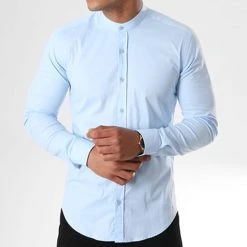 Meilleure affaire 🎉 Chemise Manches Longues Col Mao Slim Fit 405 Bleu Clair de LBO 🧨