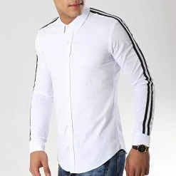 Promo ❤️ Chemise Manches Longues Avec Bandes Slim Fit 460 Blanc de LBO 😉 -France LBO Soldes Boutique lbo 141840 FAB SHALBO 460 20190419T140526 02