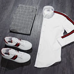 Meilleur prix 😉 Chemise Manches Longues Avec Bandes Slim Fit 461 Blanc de LBO ✔️ -France LBO Soldes Boutique lbo 141841 FAB SHALBO 461 TPDT 20191211T151946 06