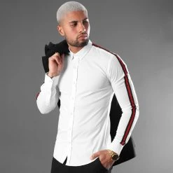 Meilleur prix 😉 Chemise Manches Longues Avec Bandes Slim Fit 461 Blanc de LBO ✔️ -France LBO Soldes Boutique lbo 141841 FAB SHALBO 461 TPDT 20201216T094214 06