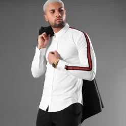 Meilleur prix 😉 Chemise Manches Longues Avec Bandes Slim Fit 461 Blanc de LBO ✔️ -France LBO Soldes Boutique lbo 141841 FAB SHALBO 461 TPDT 20201216T094223 05