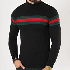 Acheter 😉 Pull Col Roulé Avec Bande Vert Et Rouge JUM-11 Noir de LBO ✨