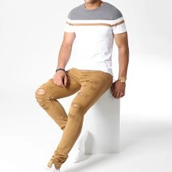 Vente flash 💯 Tee Shirt Slim Fit Tricolore 727 Anthracite Blanc Camel de LBO 🥰 -France LBO Soldes Boutique lbo 181051 FAB SHALBO 727 20190527T165922 02