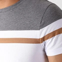 Vente flash 💯 Tee Shirt Slim Fit Tricolore 727 Anthracite Blanc Camel de LBO 🥰 -France LBO Soldes Boutique lbo 181051 FAB SHALBO 727 20190527T165924 03