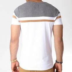 Vente flash 💯 Tee Shirt Slim Fit Tricolore 727 Anthracite Blanc Camel de LBO 🥰 -France LBO Soldes Boutique lbo 181051 FAB SHALBO 727 20190527T165927 05