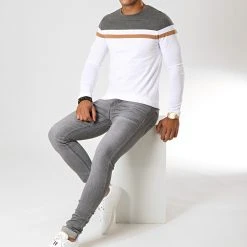 Bon marché ⌛ Tee 🛒 Shirt Manches Longues Tricolore 844 Anthracite Blanc Camel de LBO ⌛ -France LBO Soldes Boutique lbo 191695 FAB SHALBO 844 20190902T134711 02