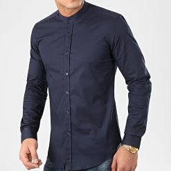 Meilleure vente ✔️ Chemise Manches Longues Col Mao Slim Fit 971 Bleu Marine de LBO 🔥