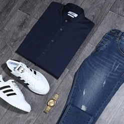 Meilleure vente ✔️ Chemise Manches Longues Col Mao Slim Fit 971 Bleu Marine de LBO 🔥 -France LBO Soldes Boutique lbo 204584 FAB SHALBO 971 20191227T081842 05