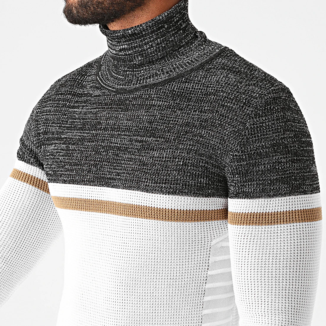 De gros ⭐ Pull Col Roulé Tricolore JUM-40 Blanc Noir Chiné Marron de LBO 😉 4 De gros ⭐ Pull Col Roulé Tricolore JUM-40 Blanc Noir Chiné Marron de LBO 😉 – Image 2