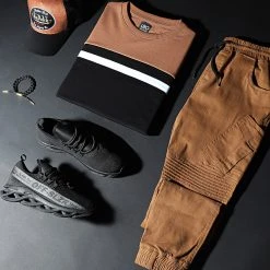 Le moins cher 😉 Sweat Crewneck Slim Fit Tricolore 1302 Camel Blanc Noir de LBO ✔️ -France LBO Soldes Boutique lbo 226261 FAB SHALBO 1302 20200925T095834 03