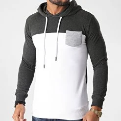 Bon marché ❤️ Sweat Capuche A Poche 1384 Gris Anthracite Blanc de LBO 😍