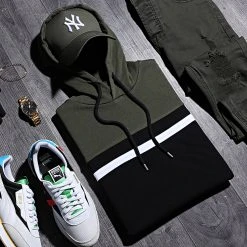 Budget ⭐ Sweat Capuche Slim Fit Tricolore 1435 Vert Kaki Noir de LBO ✨ -France LBO Soldes Boutique lbo 239050 FAB SHALBO 1435 20201110T104624 04