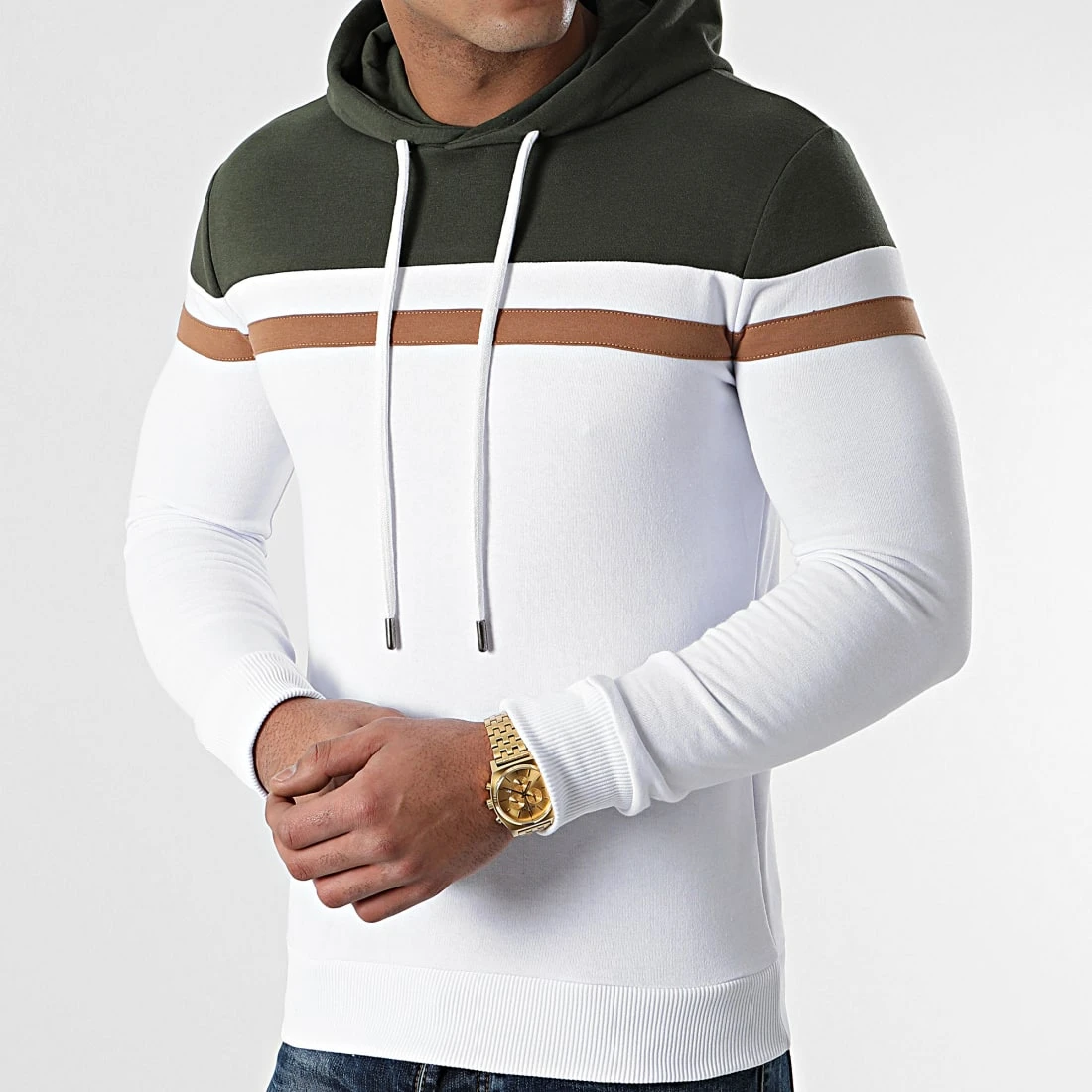 Offres 🎁 Sweat Capuche Slim Fit Tricolore 1436 Vert Kaki Blanc de LBO 🎁 5 Offres 🎁 Sweat Capuche Slim Fit Tricolore 1436 Vert Kaki Blanc de LBO 🎁 – Image 3