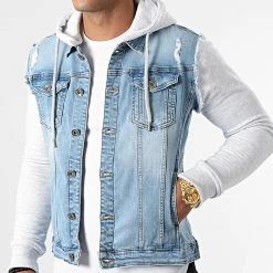 Nouveau 🥰 Veste Jean A Capuche 1519 Bleu Denim Gris Clair de LBO 🧨