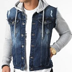 Meilleur prix ⌛ Veste Jean A Capuche 1522 Bleu Denim Gris Chiné de LBO ✔️