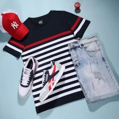 Nouveau ⌛ Tee 😍 Shirt A Rayures 1638 Bleu Marine Blanc Rouge de LBO ✔️ -France LBO Soldes Boutique lbo 263508 FAB SHALBO 1638 20210706T073500 03