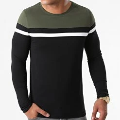 Meilleure affaire ⭐ Tee Shirt Manches Longues Tricolore 1814 Vert Kaki Noir de LBO 🛒
