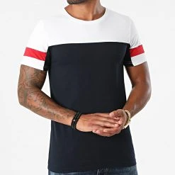 Vente flash ⭐ Tee ✔️ Shirt Bicolore Avec Bandes 1643 Bleu Marine Blanc de LBO ⭐