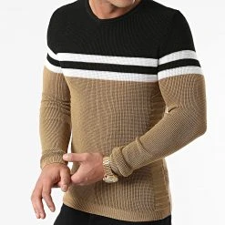 Meilleure vente ⌛ Pull Tricolore 0104 Noir Blanc Camel de LBO 🌟