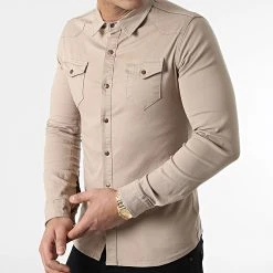 Meilleure vente 😀 Chemise Jean Manches Longues Slim Fit 2086 Beige de LBO ❤️ -France LBO Soldes Boutique lbo 285224 FAB SHALBO 2086 20220225T153348 03