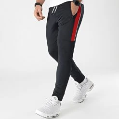Coupon 🌟 Pantalon Jogging Training Bande Mesh 0038 Bleu Marine Rouge de LBO ✔️