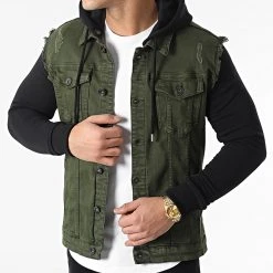 Remise ✨ Veste Jean A Capuche 2052 Noir Denim Vert Kaki de LBO 🧨 -France LBO Soldes Boutique lbo 292346 FAB SHALBO 2052 20211229T140234 01