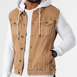 Remise 👍 Veste Jean A Capuche 2263 Camel Denim Blanc de LBO ✨