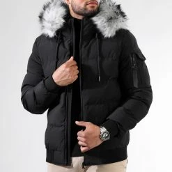 Le moins cher 🛒 Doudoune Capuche Poche Bomber Avec Fourrure Grise 0052 Noir de LBO 🧨