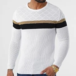 Meilleure vente ⌛ Pull Tricolore 0192 Blanc Noir Camel de LBO 🤩