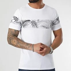 Sortie 😀 Tee Shirt Bicolore Imprimé Tropical 2333 Blanc de LBO 💯