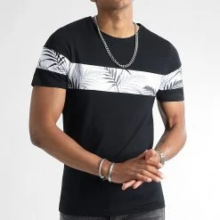 Offres ✨ Tee 👍 Shirt Bicolore Imprimé Tropical 2334 Noir de LBO 😍