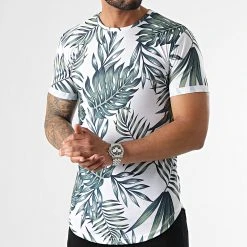 Tout neuf ✨ Tee 🌟 Shirt Oversize Imprimé Avec Revers 2433 Tropical Blanc Vert de LBO ⭐