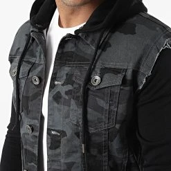 Remise 👏 Veste Jean A Capuche 2467 Camouflage Noir Gris Anthracite de LBO 🎁 -France LBO Soldes Boutique lbo 317667 FAB SHALBO 2467 20220624T140624 02