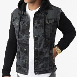 Remise 👏 Veste Jean A Capuche 2467 Camouflage Noir Gris Anthracite de LBO 🎁 -France LBO Soldes Boutique lbo 317667 FAB SHALBO 2467 20220624T140625 03