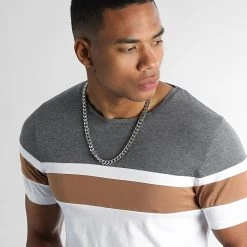 Meilleure vente ⭐ Tee 👍 Shirt Tricolore 2490 Gris Chiné Camel Blanc de LBO 🤩 -France LBO Soldes Boutique lbo 318110 SHALBO 2490 20220708T075125 02