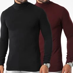Budget 🛒 Lot De 2 Tee Shirts Col Roulé Manches Longues Unis 2625 Noir Bordeaux de LBO 👍