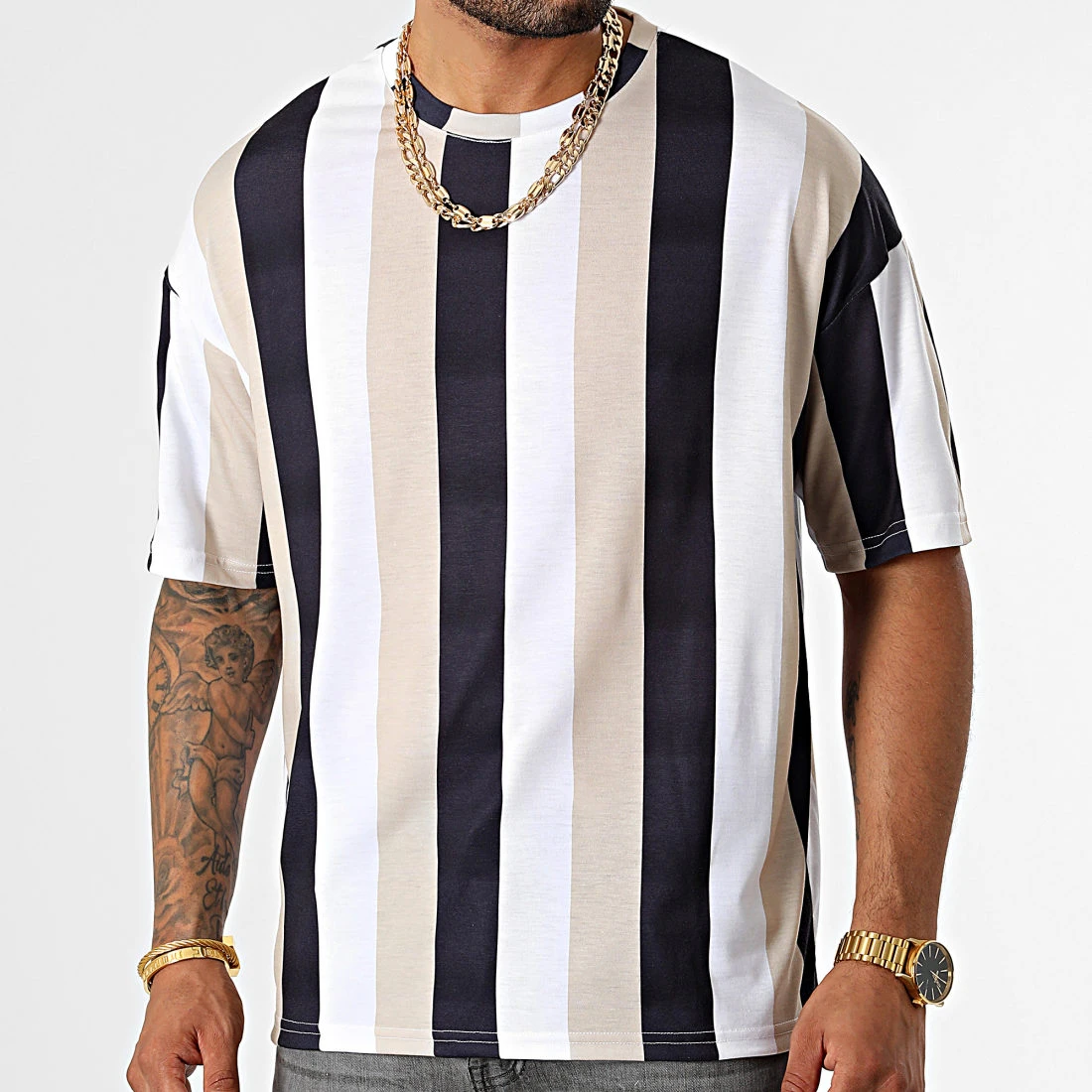 Sortie ✔️ Tee Shirt Oversize Large A Rayures 2691 Noir Blanc Beige de LBO 😀 5 Sortie ✔️ Tee Shirt Oversize Large A Rayures 2691 Noir Blanc Beige de LBO 😀 – Image 3